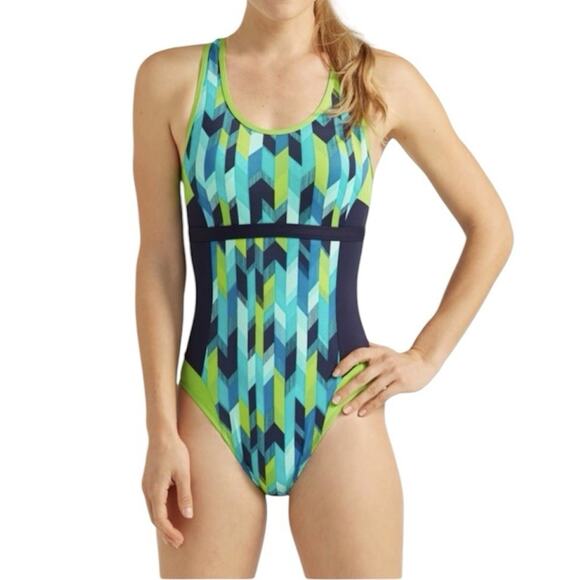 LL Bean Swim Tanksuit Size 8 Navy Blue Green Racerback Geometric Sporty NWOT - Picture 1 of 13